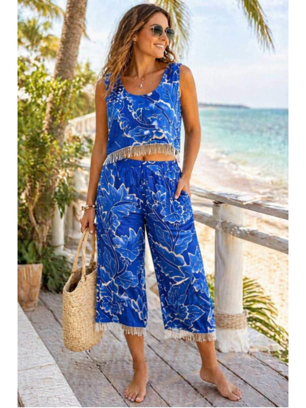Vintage Tropical 2pc Set Blue Floral Beaded Fringe Top Capri Pants Resort Island